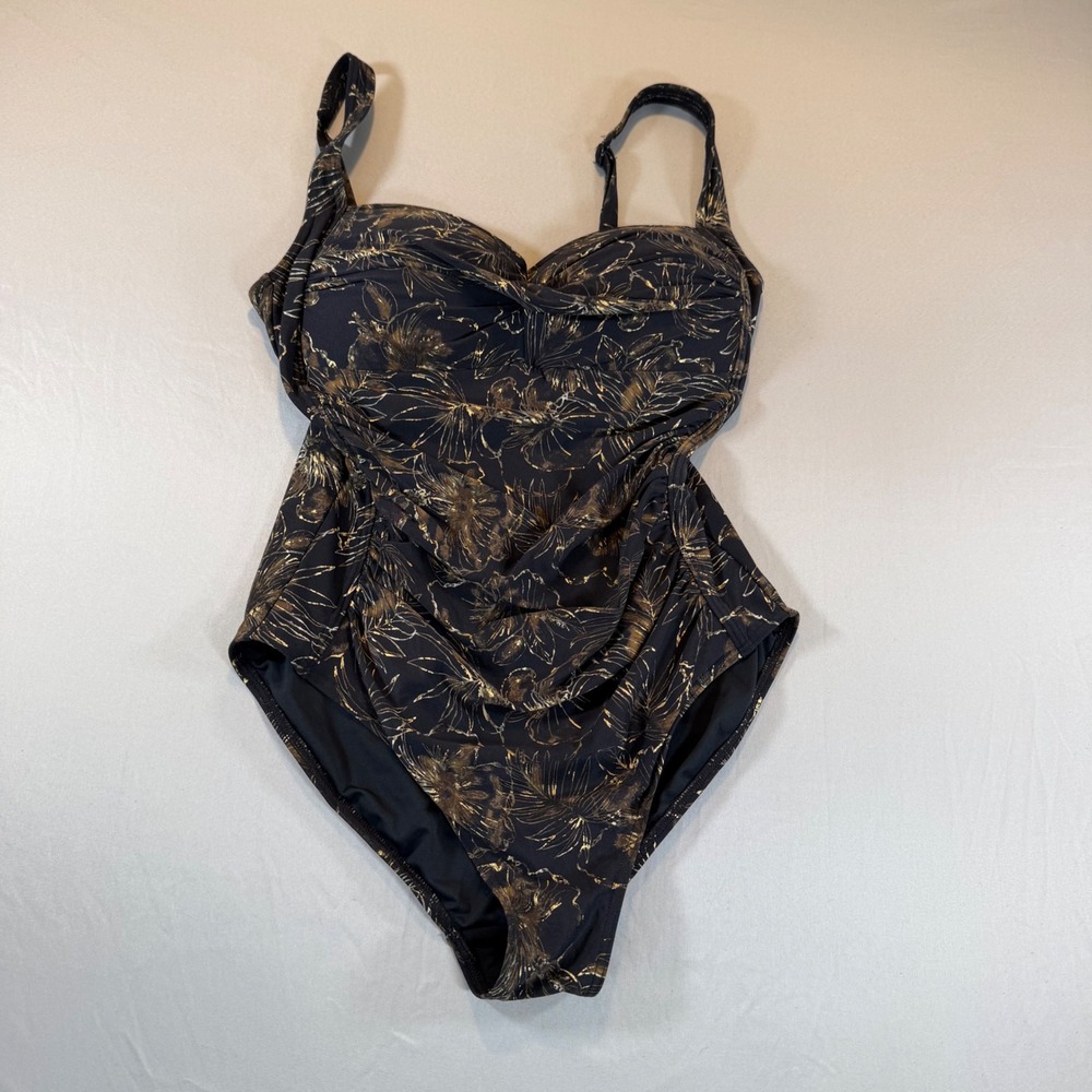 Niptuck Swim Black Gold Foil Floral Rouching One Piece Swimsuit Cup Size 8